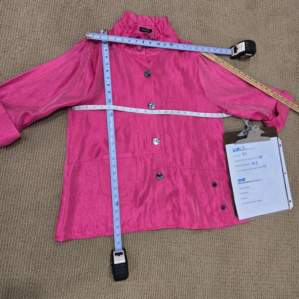 Damee Womens Size L Jacket Hot Pink Shimmer Artsy Button Up wired Collar Swing - Picture 8 of 12